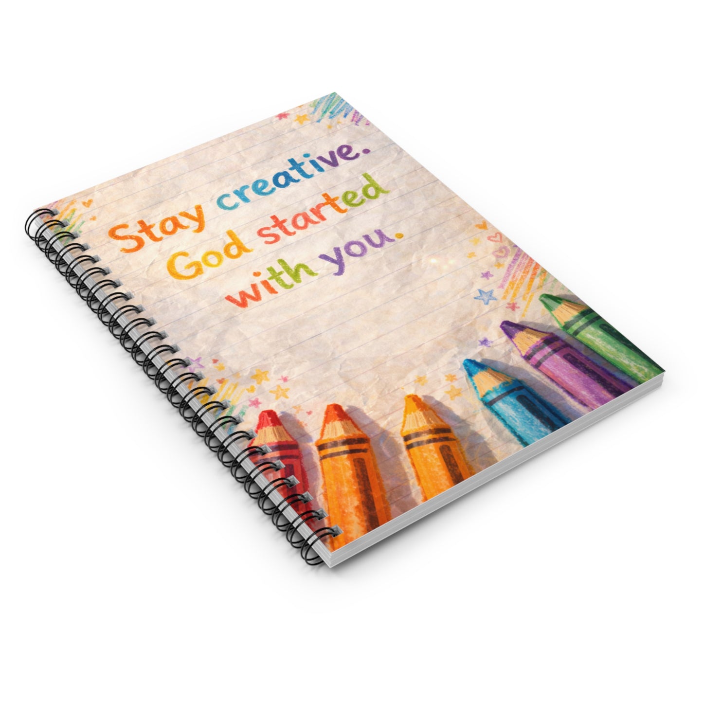 Inspirational Christian Spiral Notebook — “Stay Creative. God Started With You.” Rainbow Crayon Journal