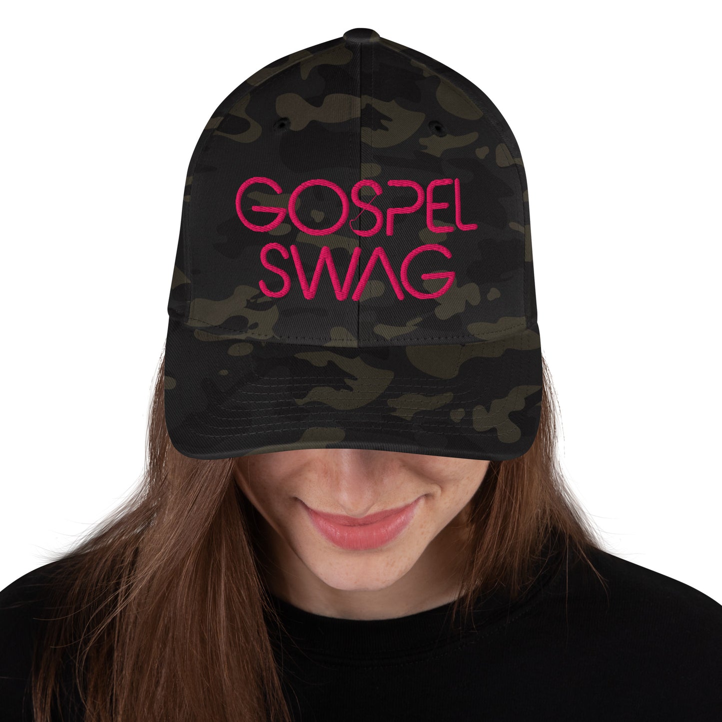 Christian Hat by Gospel Swag Pink Text on Camo Hat
