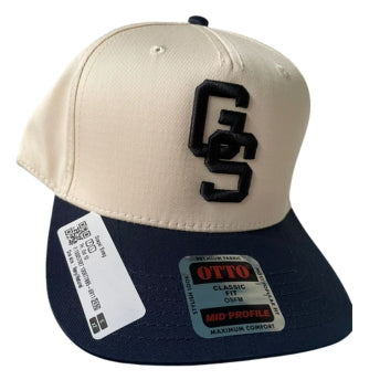 Beige and navy cap with a black logo on a white background