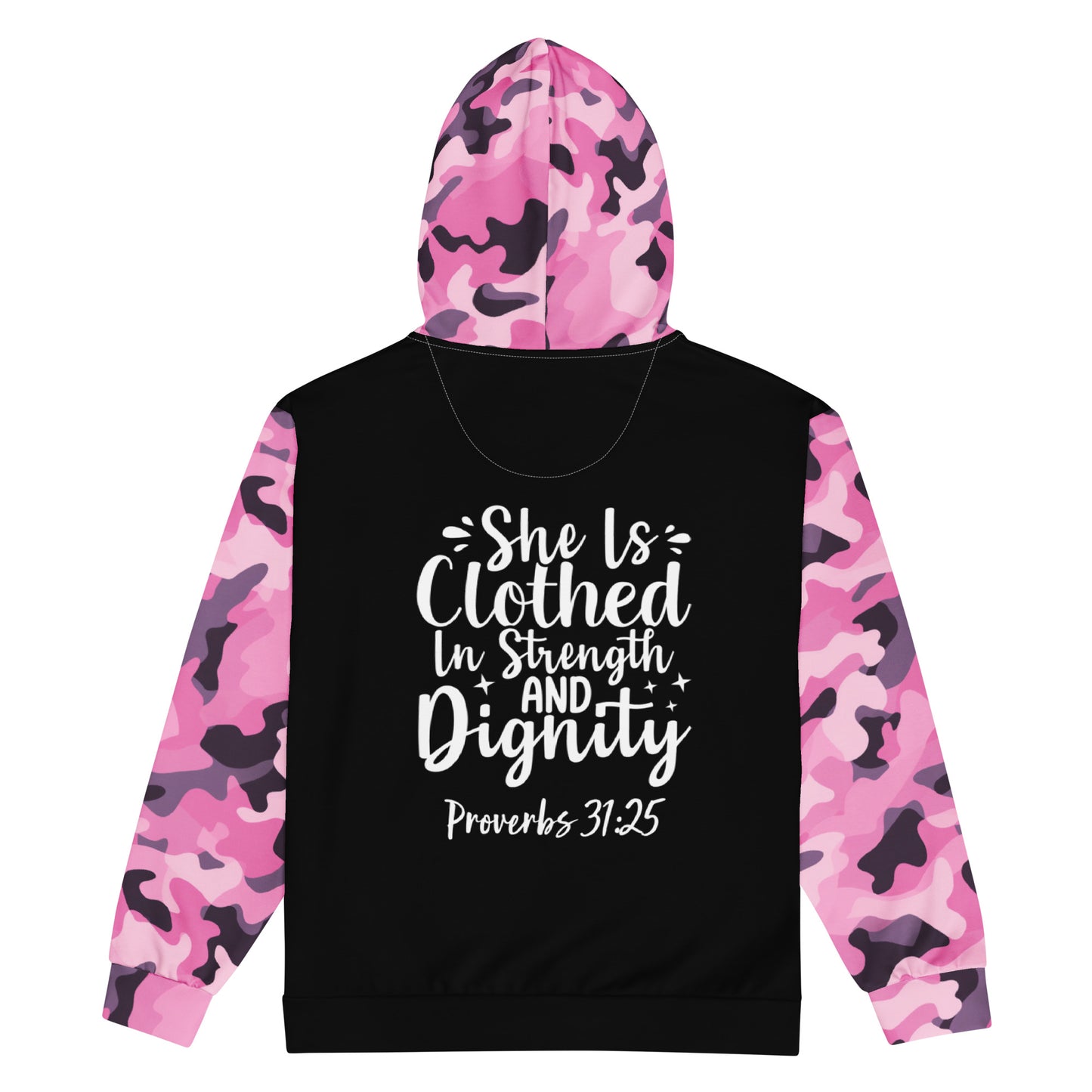 She is Clothed in Strength and Dignity Zip Hoodie – Proverbs 31:25 in Style