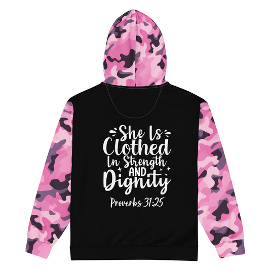 She is Clothed in Strength and Dignity Zip Hoodie – Proverbs 31:25 in Style