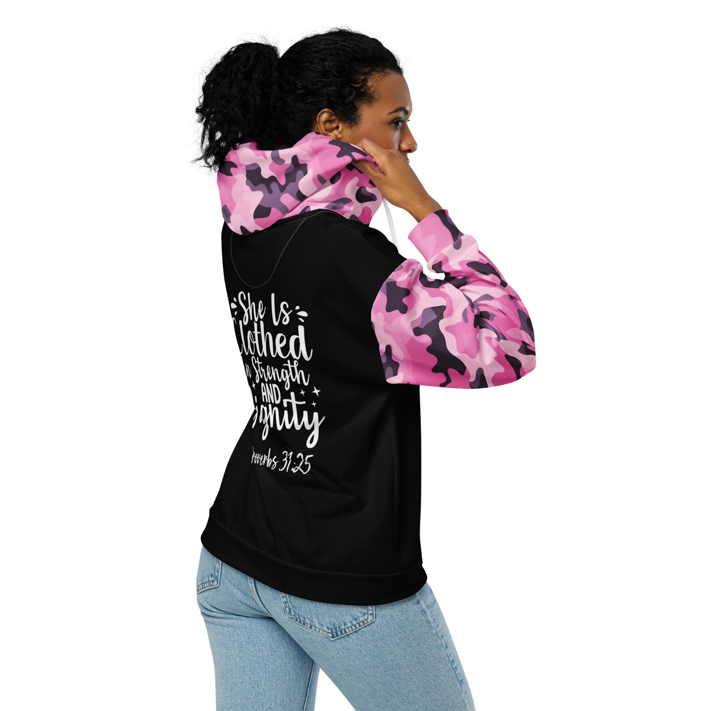 She is Clothed in Strength and Dignity Zip Hoodie – Proverbs 31:25 in Style