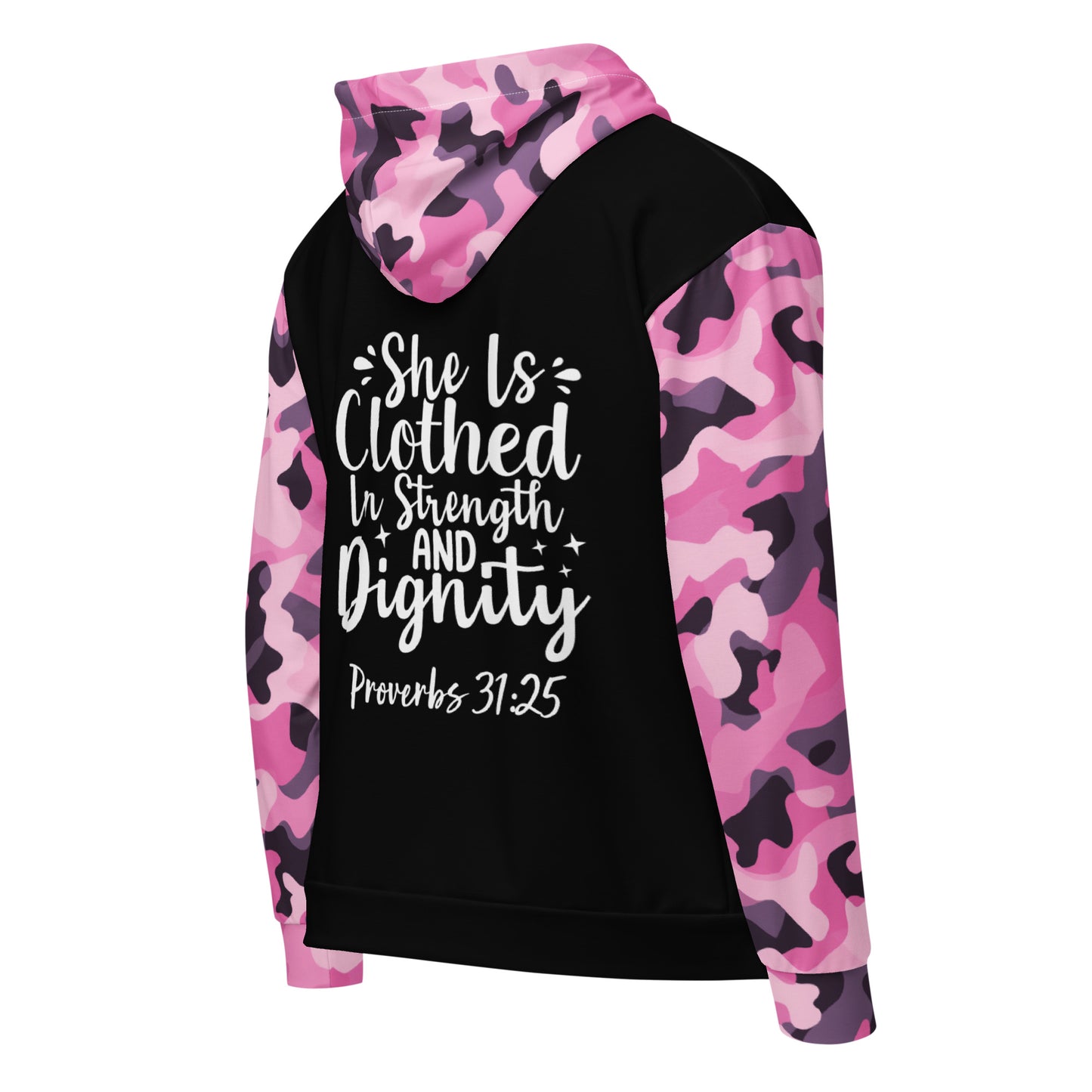 She is Clothed in Strength and Dignity Zip Hoodie – Proverbs 31:25 in Style