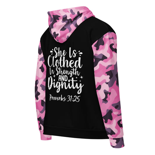 She is Clothed in Strength and Dignity Zip Hoodie – Proverbs 31:25 in Style